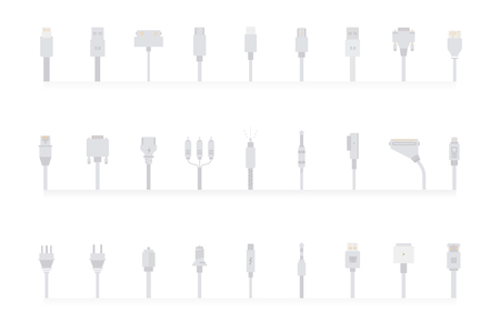 Collection of icons and signs of connectors and cables. Set of jacks for electric power, mobile devices, computers, tv, tablets and game consoles.のイラスト素材