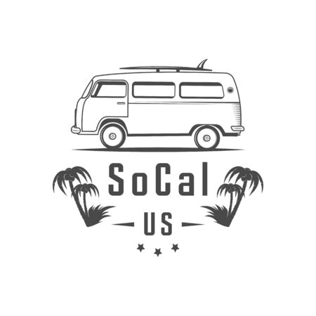 Emblem in retro style. Illustration for cards, badge and sport wear. Bus for travelling.のイラスト素材