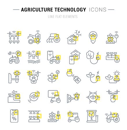 Set of vector line icons and signs with yellow squares of agriculture technology for excellent concepts.のイラスト素材