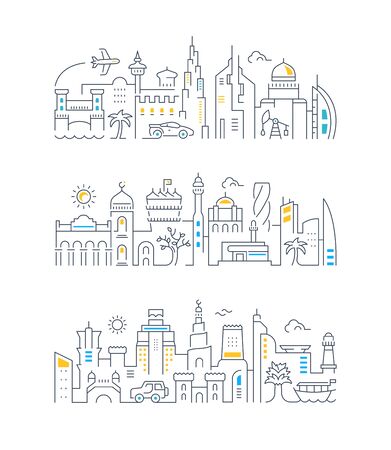 The collection of linear banners for cards and websites. Illustrations of Dubai, Qatar and Bahrain.のイラスト素材