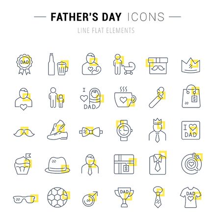 Set of vector line icons and signs with yellow squares of father's day for excellent concepts.のイラスト素材