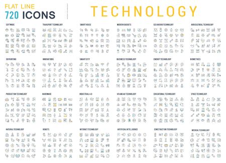 A big set of technology linear icons. Technological developments in various industries. Icons for websites, applications and creative projects.のイラスト素材