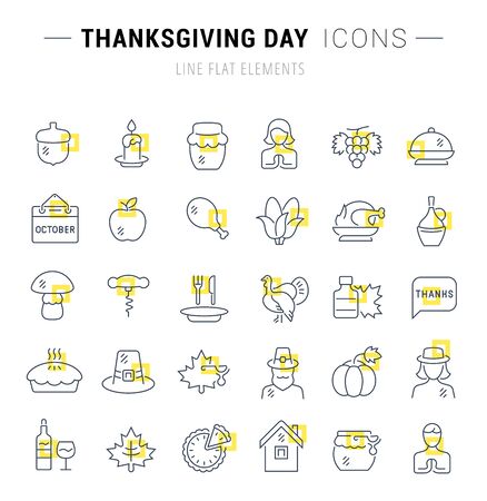 Set of vector line icons and signs with yellow squares of thanksgiving day for excellent concepts.のイラスト素材