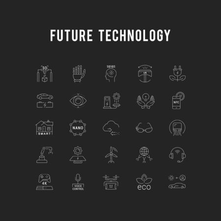 Set vector line icons in flat design future technology, eco energy, smart tech and electric transportation with elements for mobile concepts and web. Collection modern infographic logo and pictogram.のイラスト素材