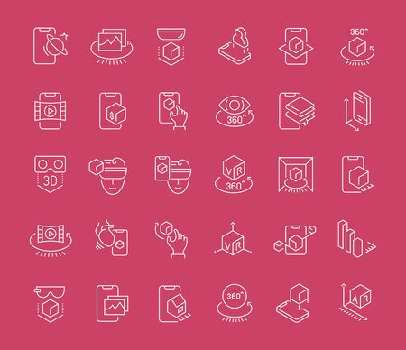 Collection of line white icons of VR and AR. Set of vector simple elements with bold outlines on a color background.のイラスト素材