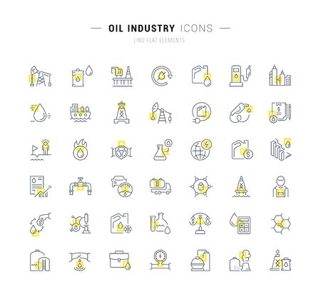 Set of vector line icons and signs with yellow squares of oil industry for excellent concepts.のイラスト素材