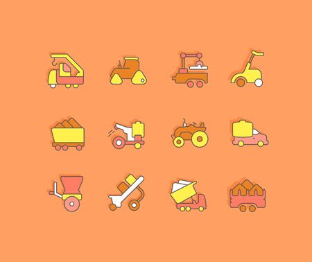 Collection simple icons of agricultural machinery on an orange background. Modern color signs for websites, mobile apps, and conceptsのイラスト素材