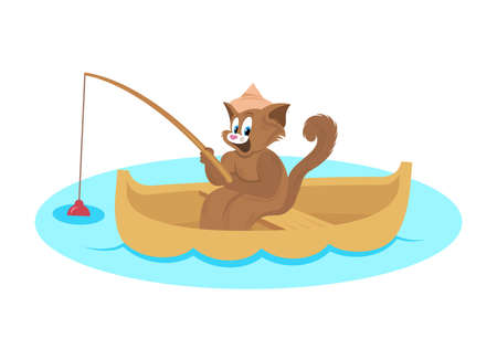 The cat is catching fish in the boat. Children's illustration of the cat on a white background.のイラスト素材