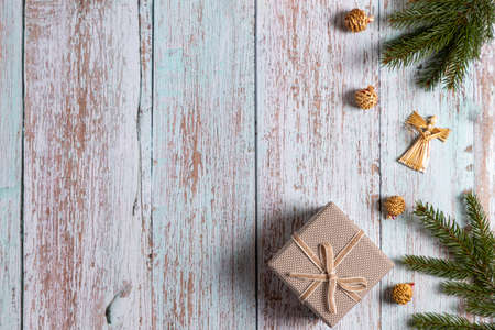 Christmas background with fir tree and decor. Top view with copy spaceの写真素材