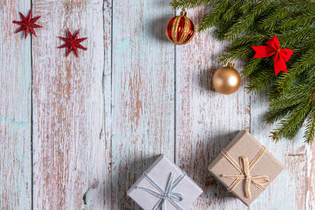 Christmas background with fir tree and decor. Top view with copy spaceの写真素材