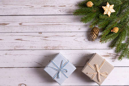 Christmas background with fir tree and decor. Top view with copy spaceの写真素材