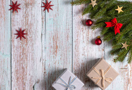 Christmas background with fir tree and decor. Top view with copy spaceの写真素材