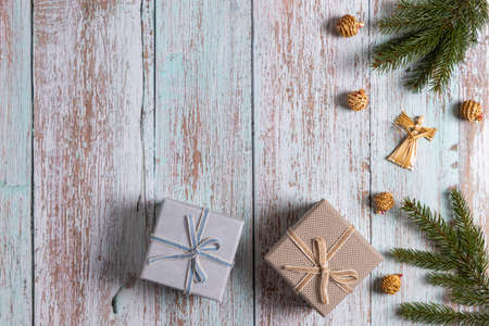 Christmas background with fir tree and decor. Top view with copy spaceの写真素材
