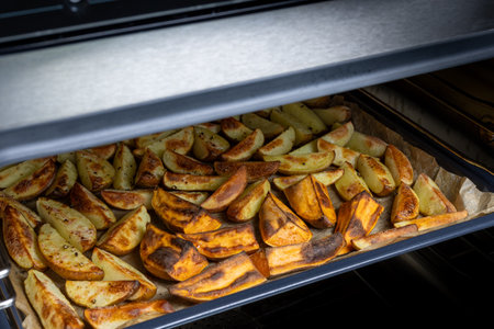 Baked potatoes in the oven close up. Selective focus.の写真素材
