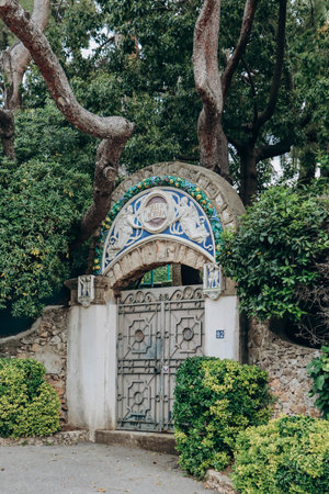 Saint-Jean-Cap-Ferrat, France - 01 June 2023: Beautiful sculptural entrance to the territory of one of the villasのeditorial素材