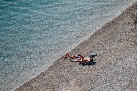 Roquebrune Cap Martin, France - 14 May 2023: Beach in Roquebrune Cap Martin on the French Rivieraのeditorial素材