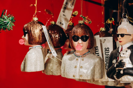 London, United Kingdom - September 25, 2023: Christmas decorations in the form of Anna Wintour and...