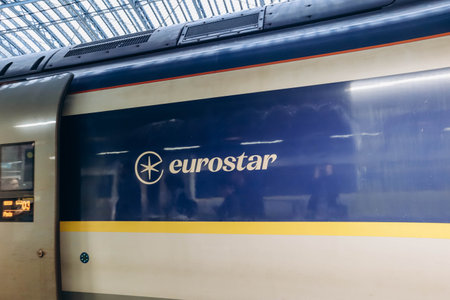 London, United Kingdom - September 25, 2023: Close up on a Eurostar train on a platform in London,...