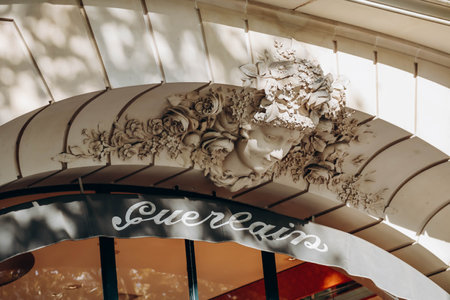 Paris, France - September 24, 2023: Sign of the historic Guerlain store on the Champs Elysees in Parisのeditorial素材