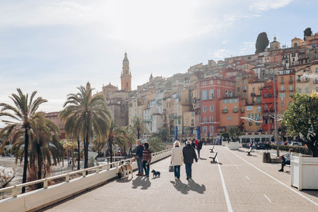 Menton, France - 6 January, 2024: Lovely town center in Menton, south of Franceのeditorial素材