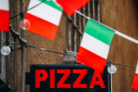 Pizzeria sign with Italian flagsのeditorial素材