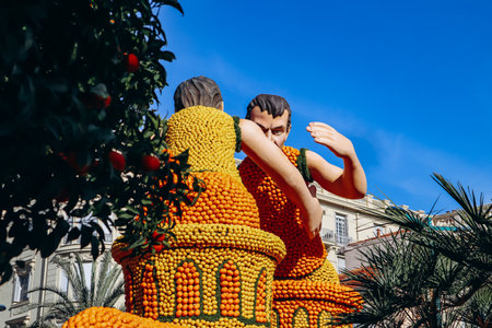 Menton, France - February 18, 2024: Opening of the "Fete du Citron" (translation : Lemon festival) in Menton and the famous carnivalのeditorial素材