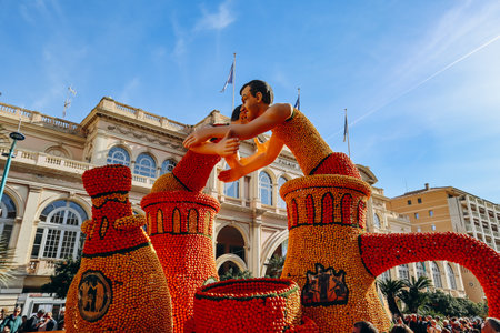 Menton, France - February 18, 2024: Opening of the "Fete du Citron" (translation : Lemon festival) in Menton and the famous carnivalのeditorial素材