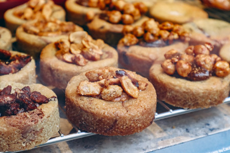 Close-up of fresh and beautiful french pastries in a bakery showcase