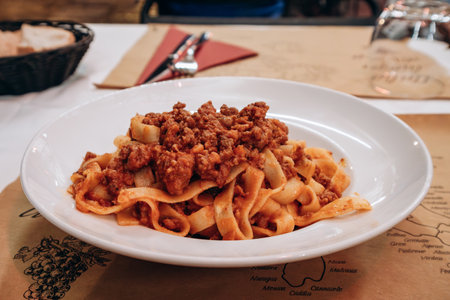 Pasta Bolognese (Ragu alla Bolognese) in the center of Bolognaの写真素材