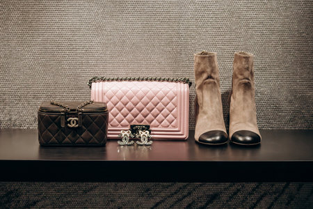 Cannes, France - November 10, 2024 : Chanel bags and accessories in the window of a boutique in Cannes on the Croisetteのeditorial素材