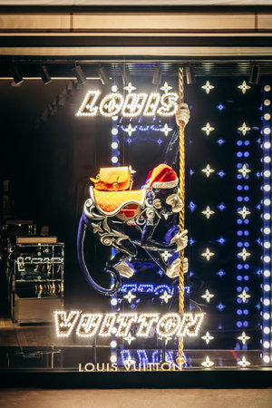 Cannes, France - 10 November 2024: Christmas display at the Louis Vuitton storefront on the Croisette promenade in Cannesのeditorial素材