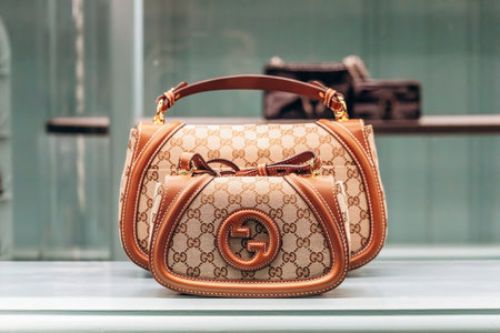 Cannes, France - 10 November 2024: Gucci bags displayed in a boutique window on the Croisette promenade in Cannesのeditorial素材