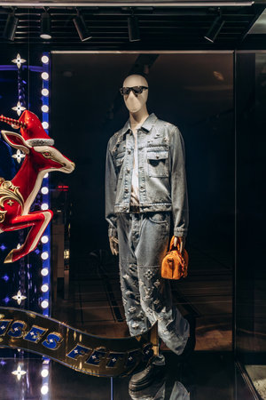 Cannes, France - 10 November 2024: Christmas display at the Louis Vuitton storefront on the Croisette promenade in Cannesのeditorial素材