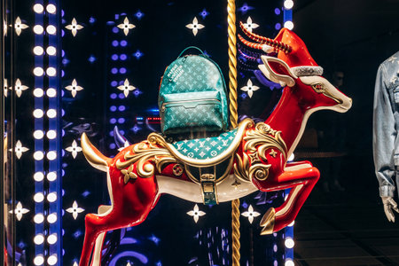 Cannes, France - 10 November 2024: Christmas display at the Louis Vuitton storefront on the Croisette promenade in Cannesのeditorial素材