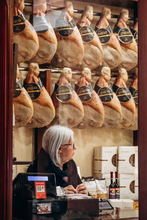 Bologna, Italy - October 6, 2024: Butcher's shop in the center of Bolognaのeditorial素材
