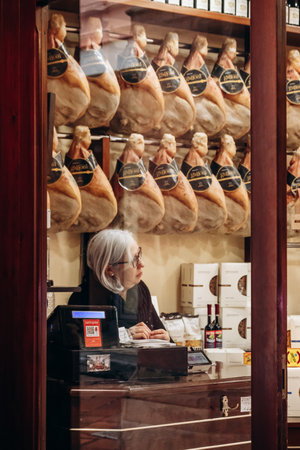 Bologna, Italy - October 6, 2024: Butcher's shop in the center of Bolognaのeditorial素材