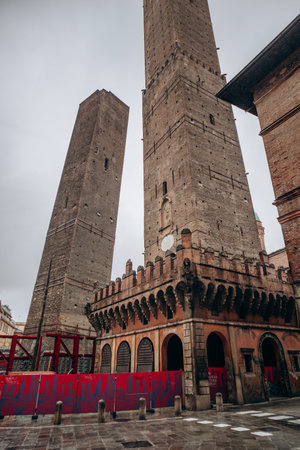 The Towers of Bologna, a group of medieval structures in Bologna, Italy. The two most prominent ones remaining, Asinelli and Garisenda, are a landmark of the city.のeditorial素材