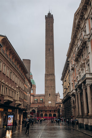 Bologna, Italy - October 6, 2024: The Towers of Bologna, a group of medieval structures in Bologna, Italy. The two most prominent ones remaining, Asinelli and Garisenda, are a landmark of the city.のeditorial素材
