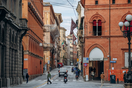 Bologna, Italy - October 6, 2024: Via Farini (Farini street) in the center of Bolognaのeditorial素材