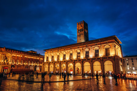 The Palazzo del Podesta, in Piazza Maggiore, a central square in Bolognaのeditorial素材