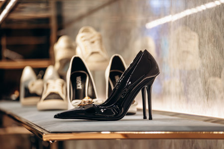 Bologna, Italy - October 6, 2024: Women's shoes in the window of a Versace boutiqueのeditorial素材