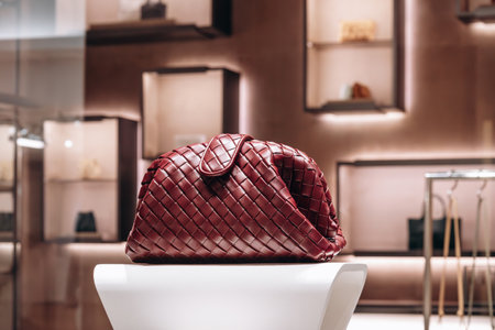 Bologna, Italy - October 6, 2024: Bottega Veneta bag made in the famous intrecciato technique in a boutique windowのeditorial素材