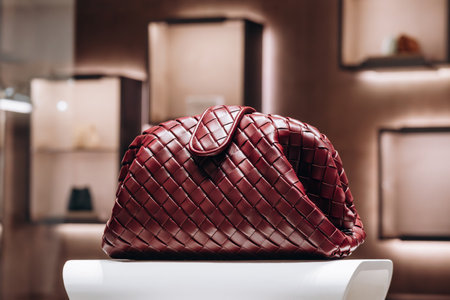 Bologna, Italy - October 6, 2024: Bottega Veneta bag made in the famous intrecciato technique in a boutique windowのeditorial素材