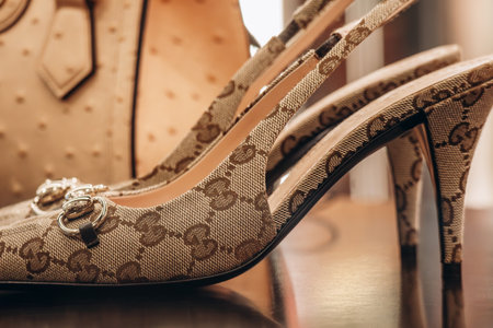 Bologna, Italy - October 6, 2024: Gucci bag and pumps in a boutique windowのeditorial素材