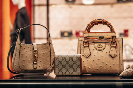 Bologna, Italy - October 6, 2024: Gucci bags in a boutique windowのeditorial素材