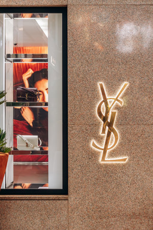 Bologna, Italy - October 6, 2024: Window display of the Saint Laurent boutique in the Galleria Cavour in Bolognaのeditorial素材