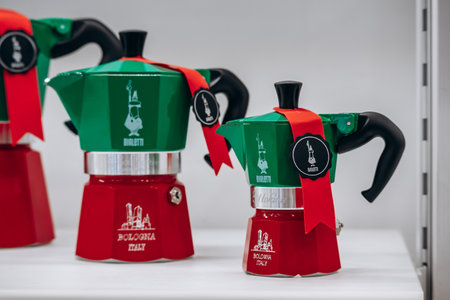 Bologna, Italy - October 6, 2024: Famous traditional Italian coffee pots Bialettiのeditorial素材