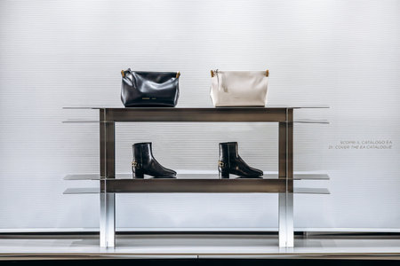 Bologna, Italy - October 6, 2024: The window display of the Armani boutique in Galleria Cavour in Bolognaのeditorial素材