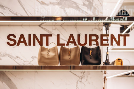 Bologna, Italy - October 6, 2024: Window display of the Saint Laurent boutique in the Galleria Cavour in Bolognaのeditorial素材
