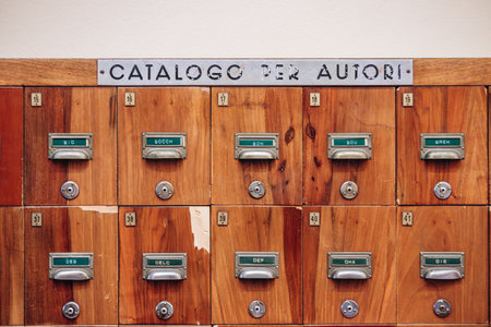 Bologna, Italy - October 6, 2024: Vintage catalogue of literature at the University of Bolognaのeditorial素材